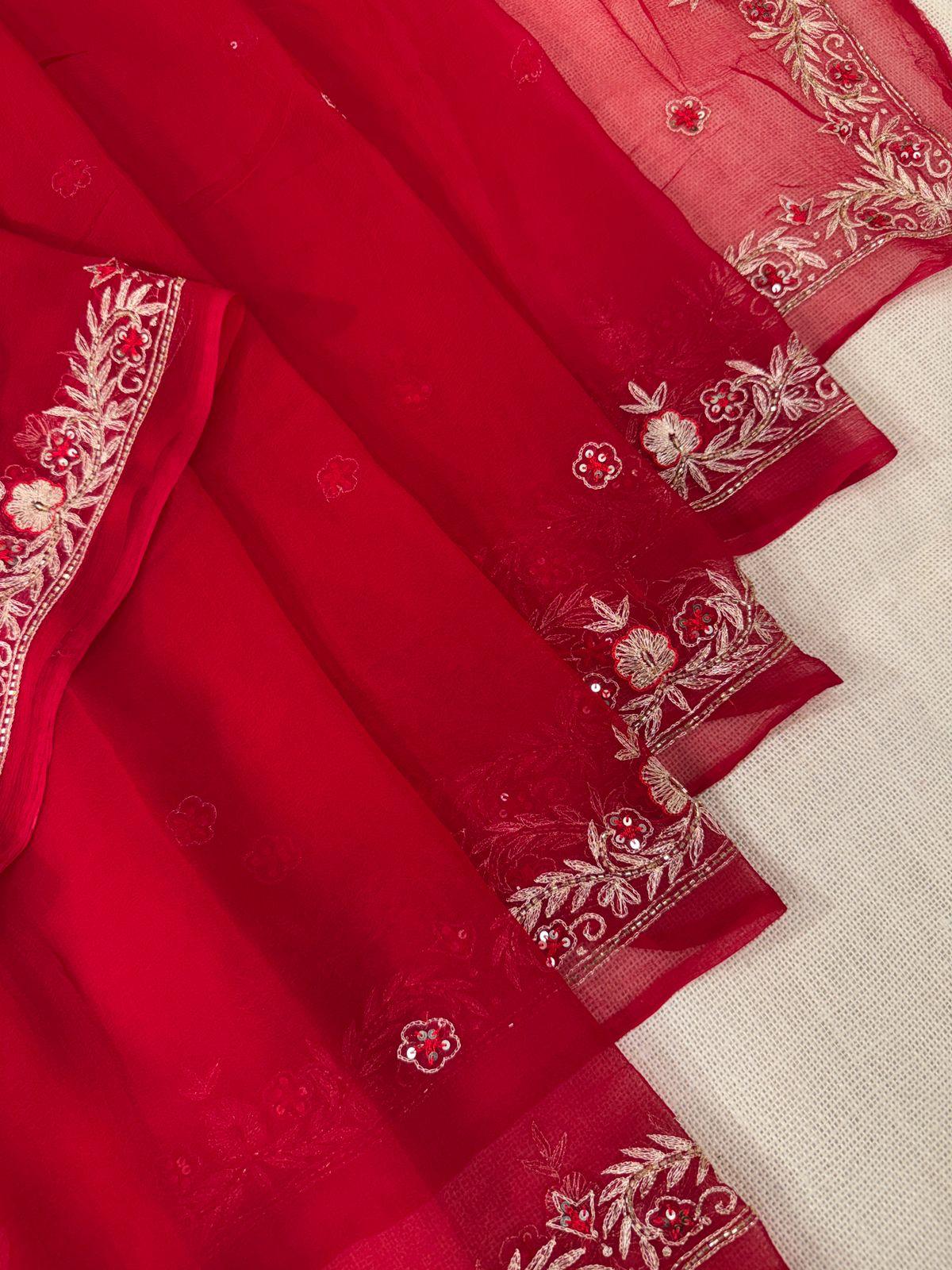 Red chiffon saree with debka, sequence and Resham embroidery with crepe blouse 