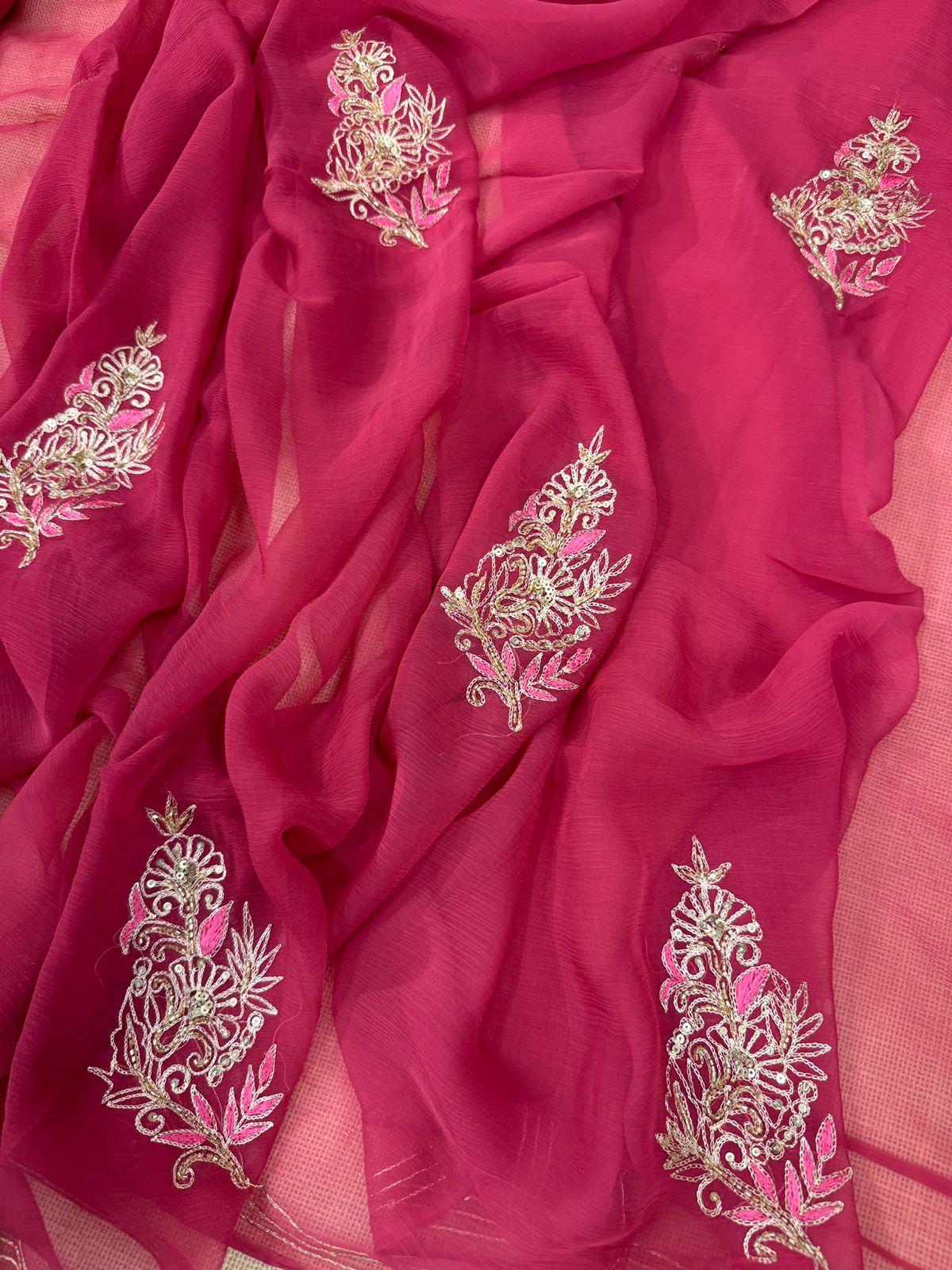 Pink chiffon saree with debka, sequence and Resham embroidery with crepe blouse 