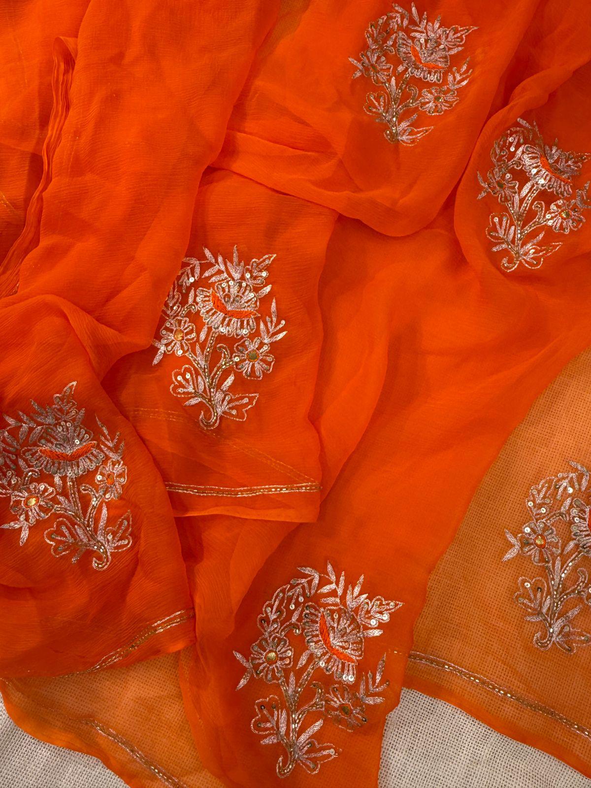 Orange chiffon saree with debka, sequence and Resham embroidery with crepe blouse 