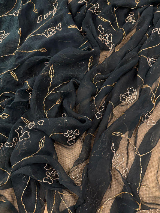 Black chiffon saree with debka, sequence and Resham embroidery with crepe blouse 