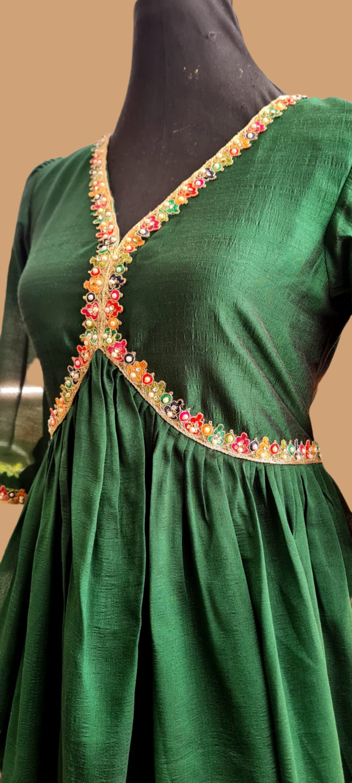 Dark Green Crush Georgette Shiny Frock and Stone Embroidery Lace Work with Crepe Lining