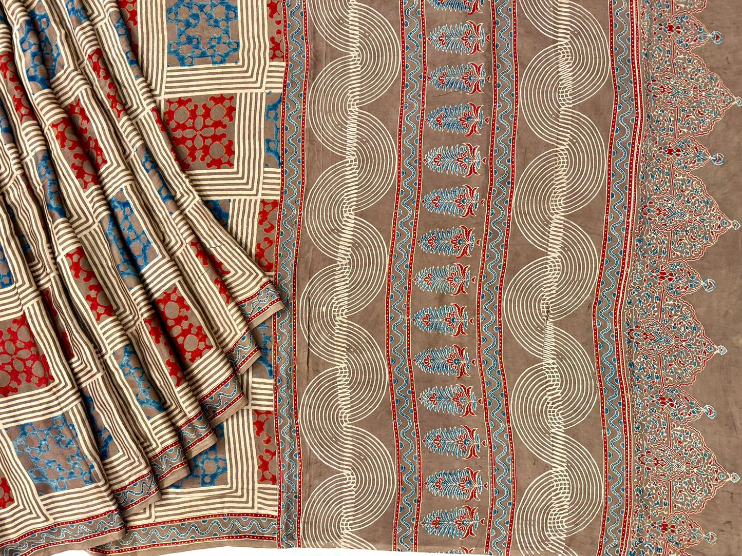 Beige color designer ajrakh block print on pure modal crepe