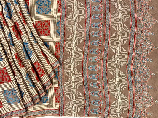 Beige color designer ajrakh block print on pure modal crepe