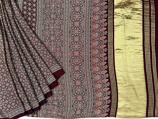 Brown ajrakh block print on pure modal crepe