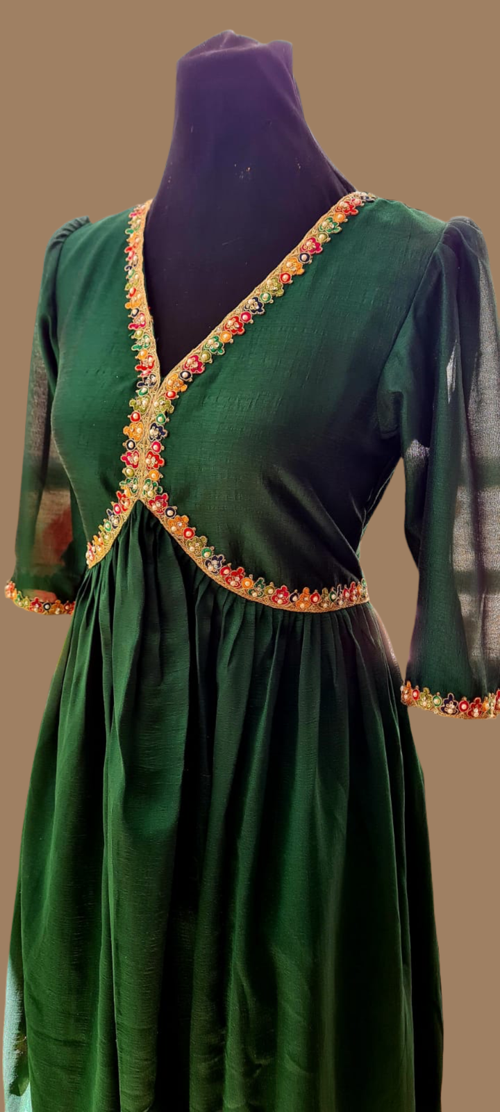 Dark Green Crush Georgette Shiny Frock and Stone Embroidery Lace Work with Crepe Lining