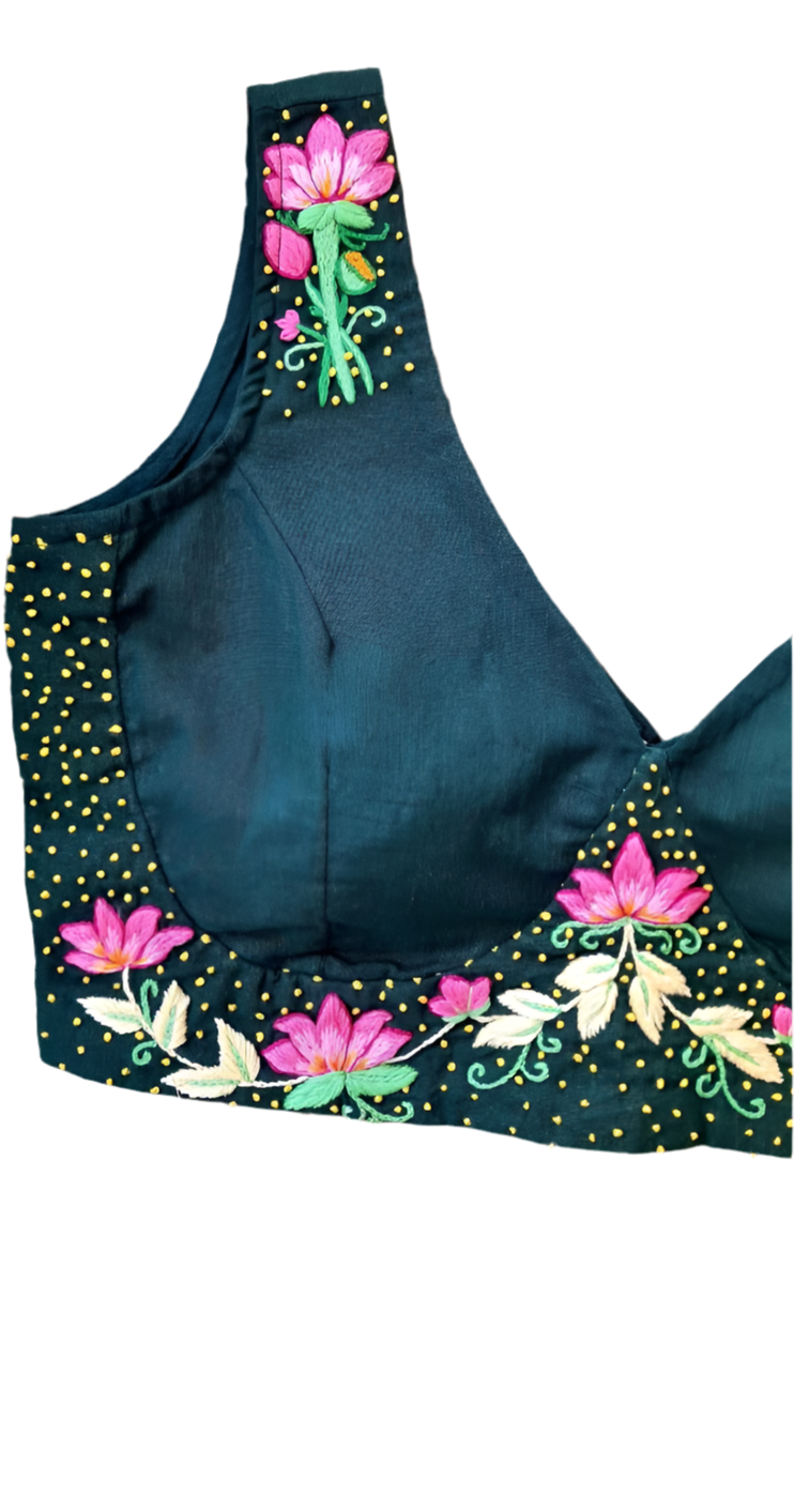 Desginer Embroidery Dark GreenLotus and French Knot blouse