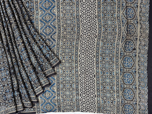 Dark brown color pure modal crepe with ajrakh block printing all over