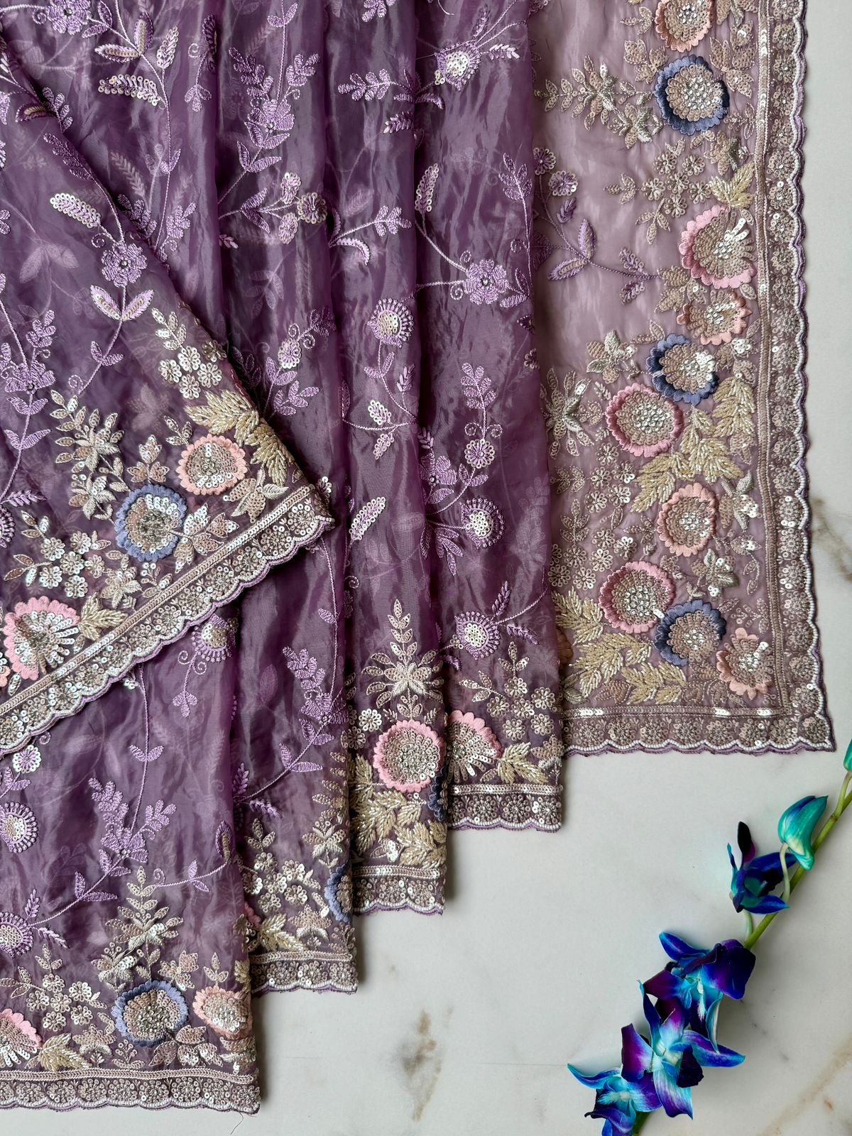 Mauve color tissue saree with sequence, ball, Meena and Resham work Design Saree Online USA 