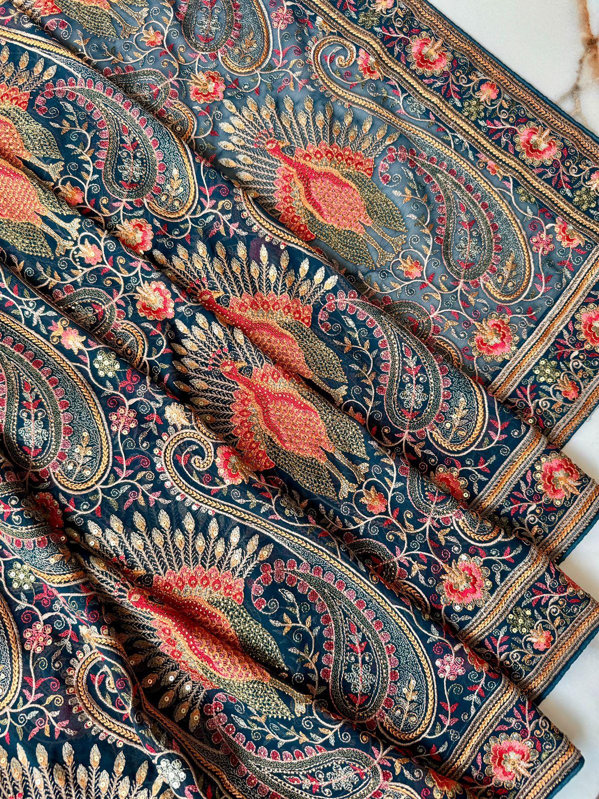 Peacock color georgette Kashmiri Design Saree Online USA 