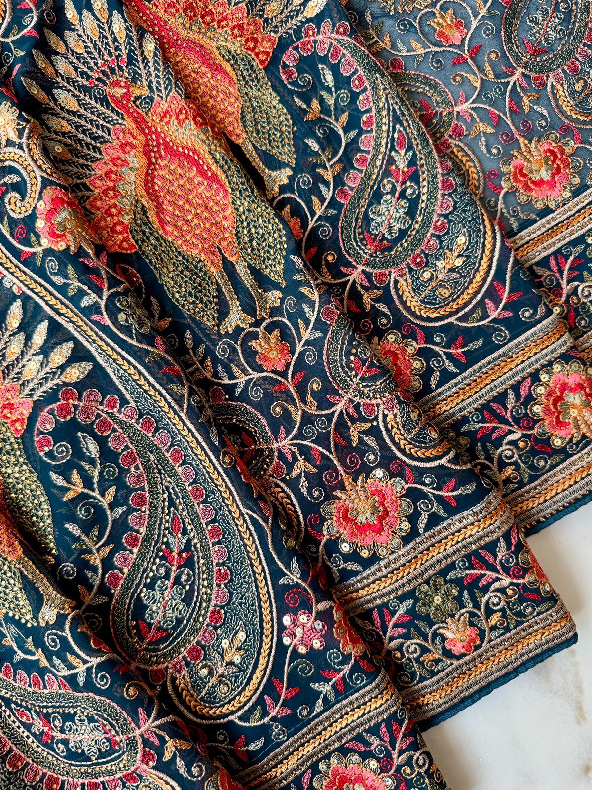 Peacock color georgette Kashmiri Design Saree Online USA 