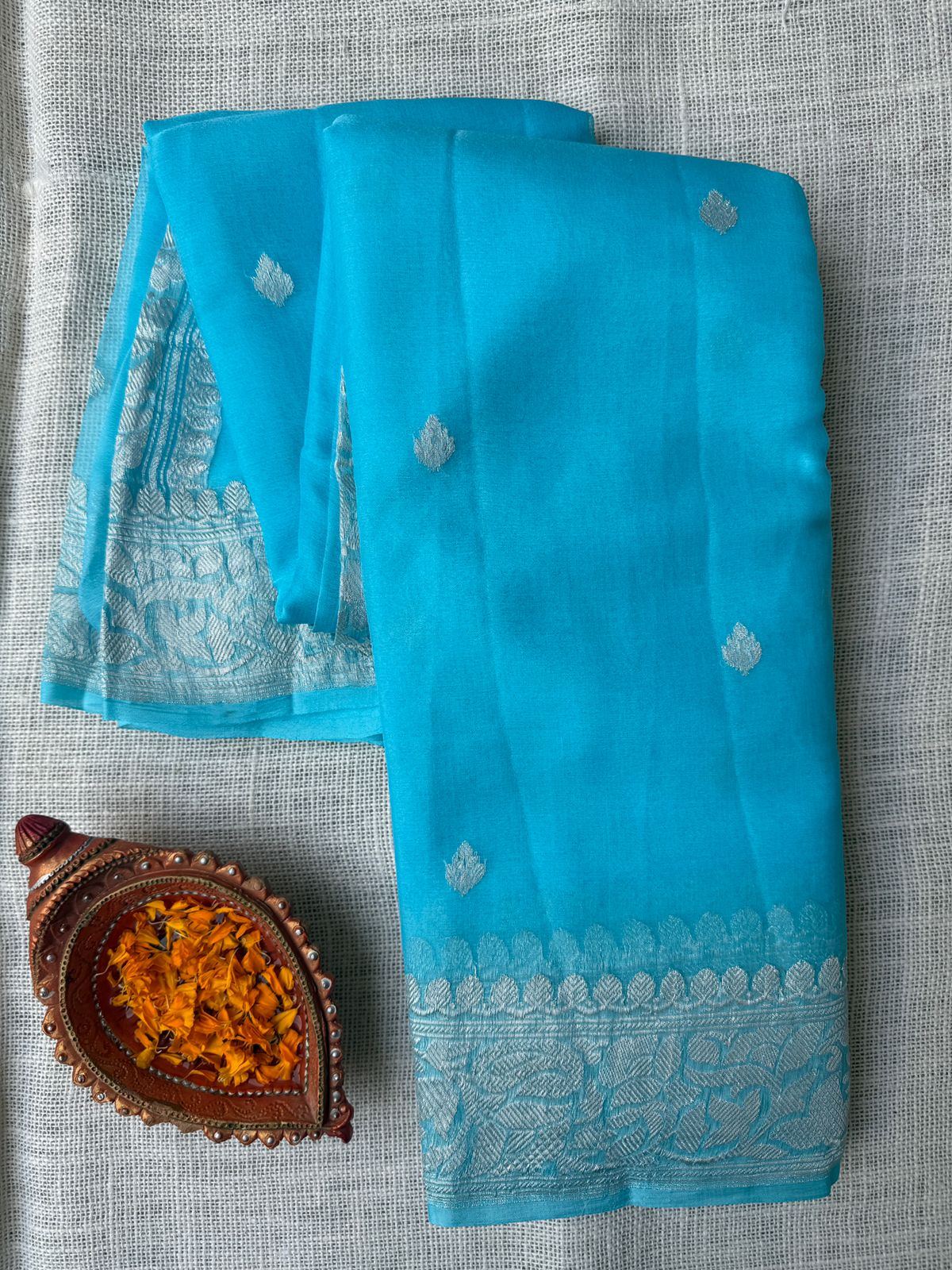 Pure Banarasi Georgette Sky Blue Sarees in the USA | Authentic Handwoven Sarees – Lakshmi Couture