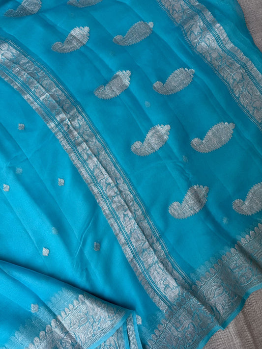 Pure Banarasi Georgette Sky Blue Sarees in the USA | Authentic Handwoven Sarees – Lakshmi Couture