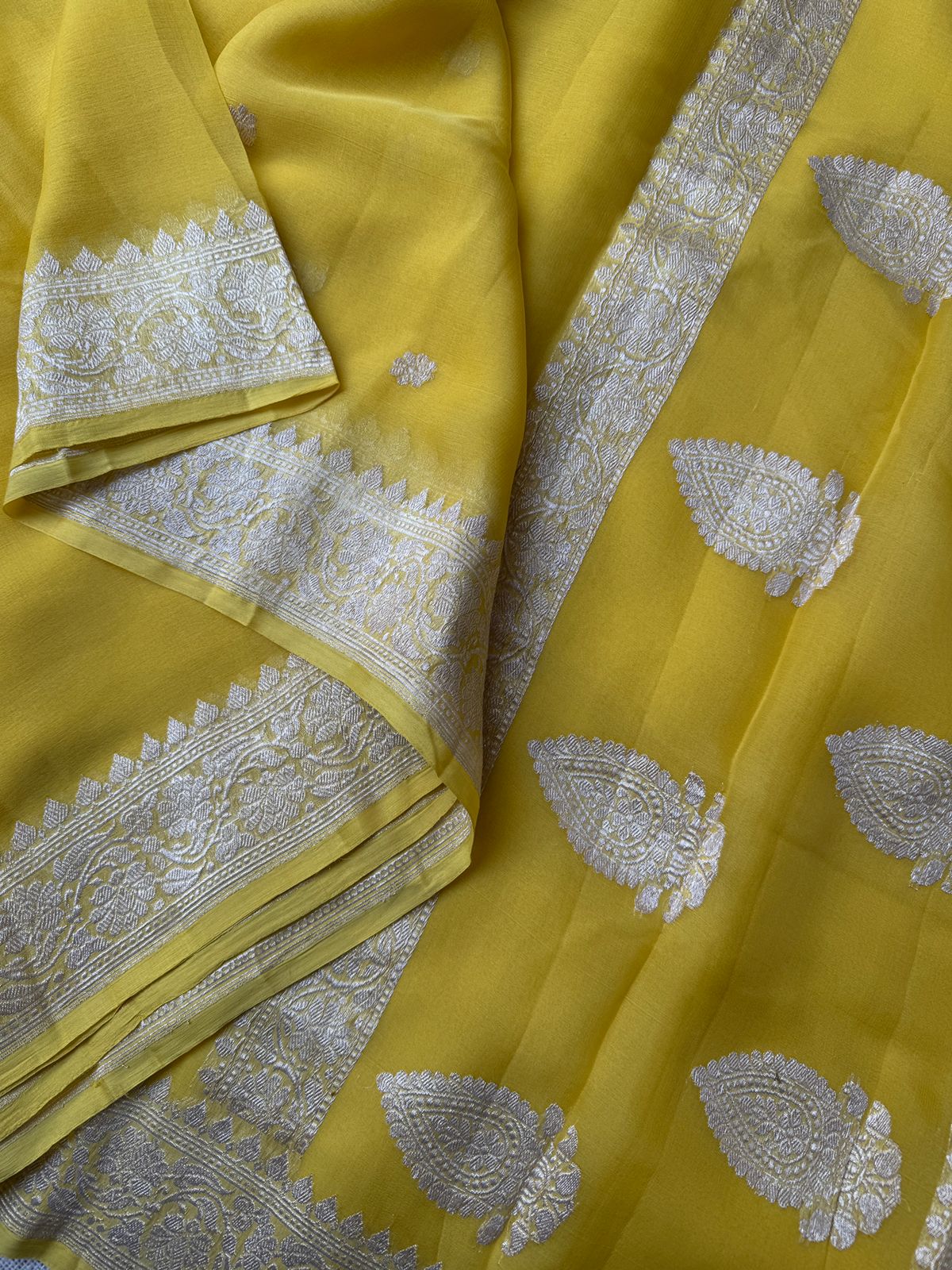 Pure Banarasi Georgette pastel bright yellow Sarees in the USA |  Lakshmi Couture