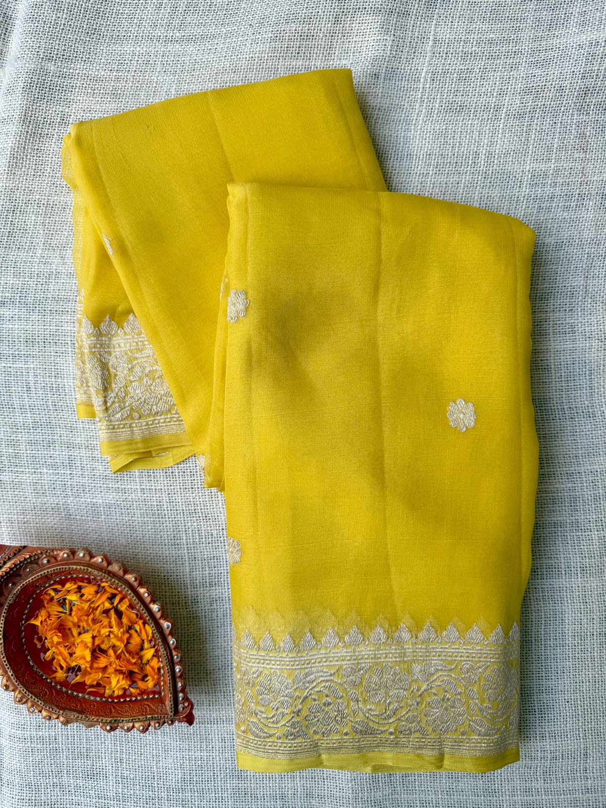 Pure Banarasi Georgette pastel bright yellow Sarees in the USA |  Lakshmi Couture