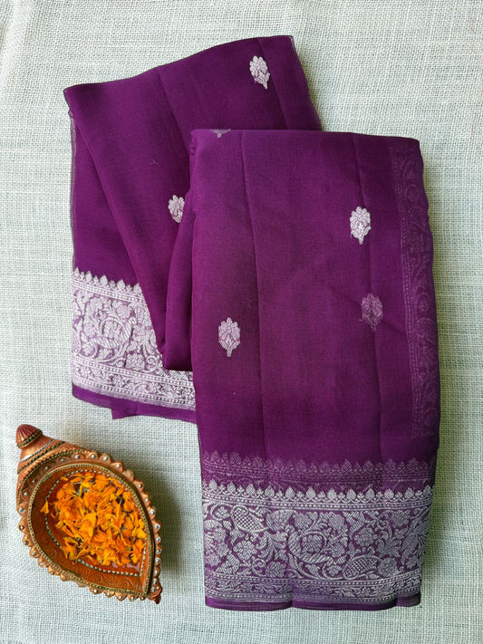 Pure Banarasi Georgette Dark Purple Saree in the USA |  Lakshmi Couture
