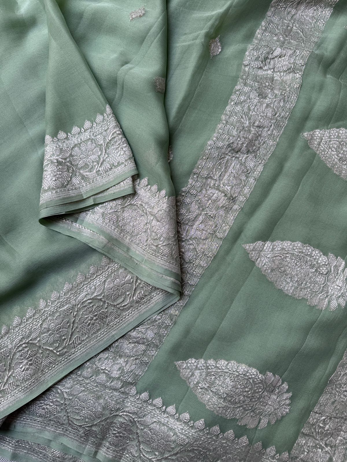 Pure Banarasi Georgette Sarees pastel green shade in the USA – Lakshmi Couture