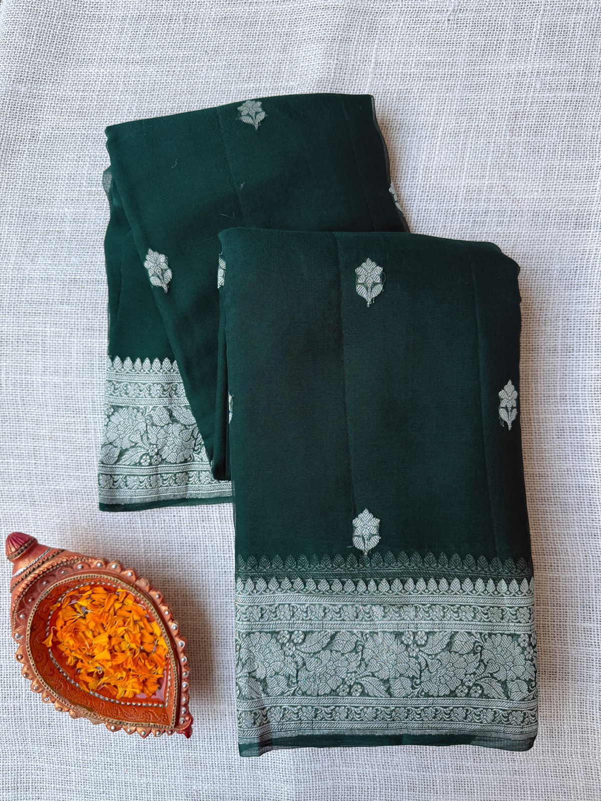 Pure Banarasi Georgette Dark Green Sarees in the USA | Authentic Handwoven Sarees – Lakshmi Couture