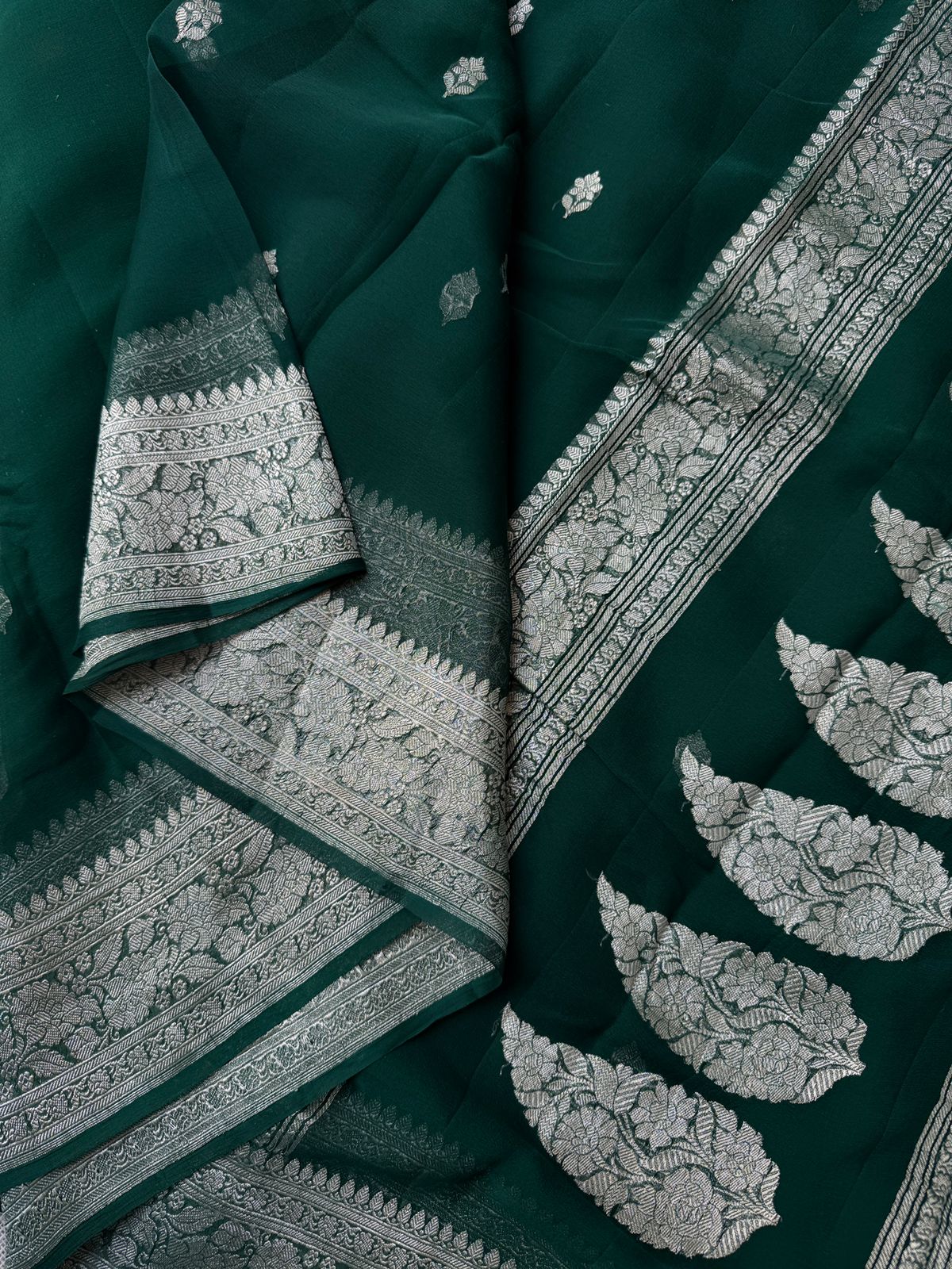 Pure Banarasi Georgette Dark Green Sarees in the USA | Authentic Handwoven Sarees – Lakshmi Couture