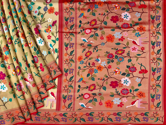 Gold color pure Benarasi tissue paithani saree with all over weaving