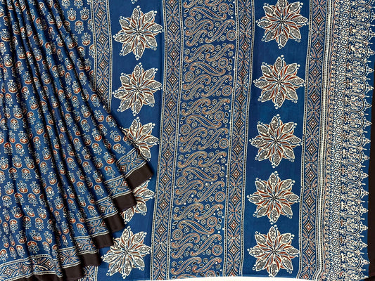 Indigo color pure modal crepe with ajrakh block printing all over