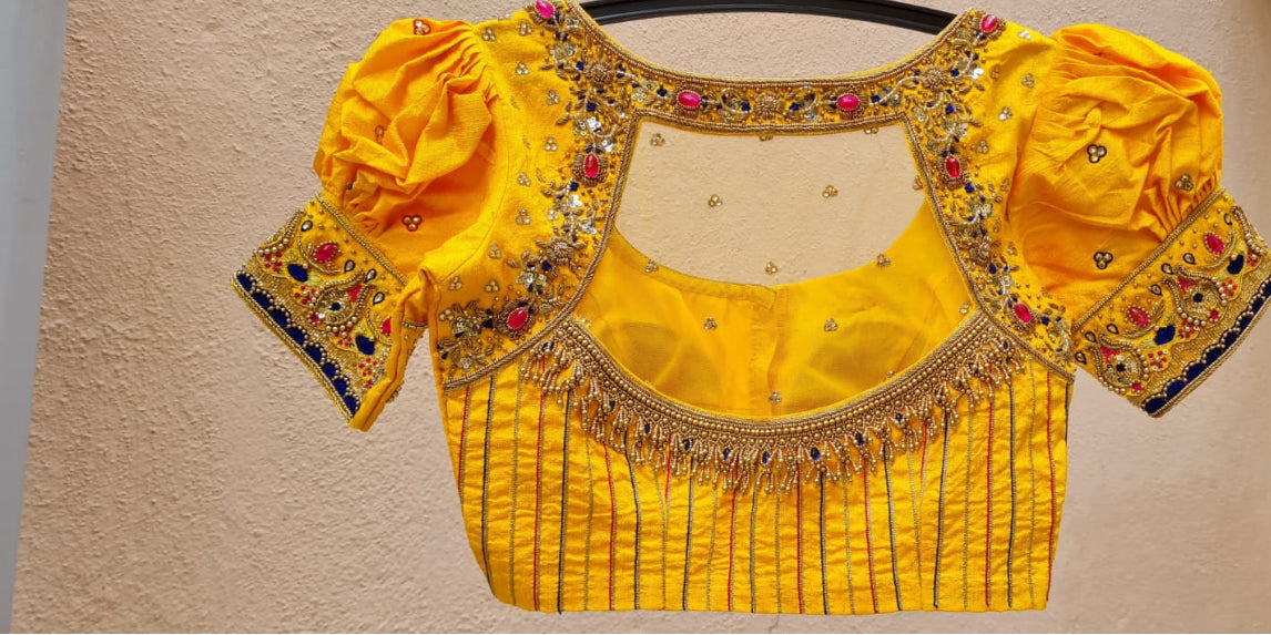 Custom Yellow Aari Work Blouse Online USA