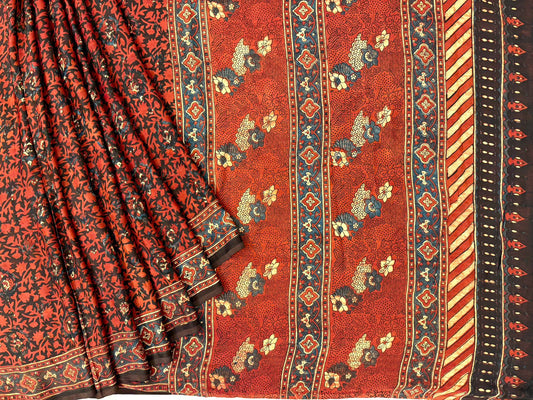 Maroon black ajrakh block print on pure modal crepe