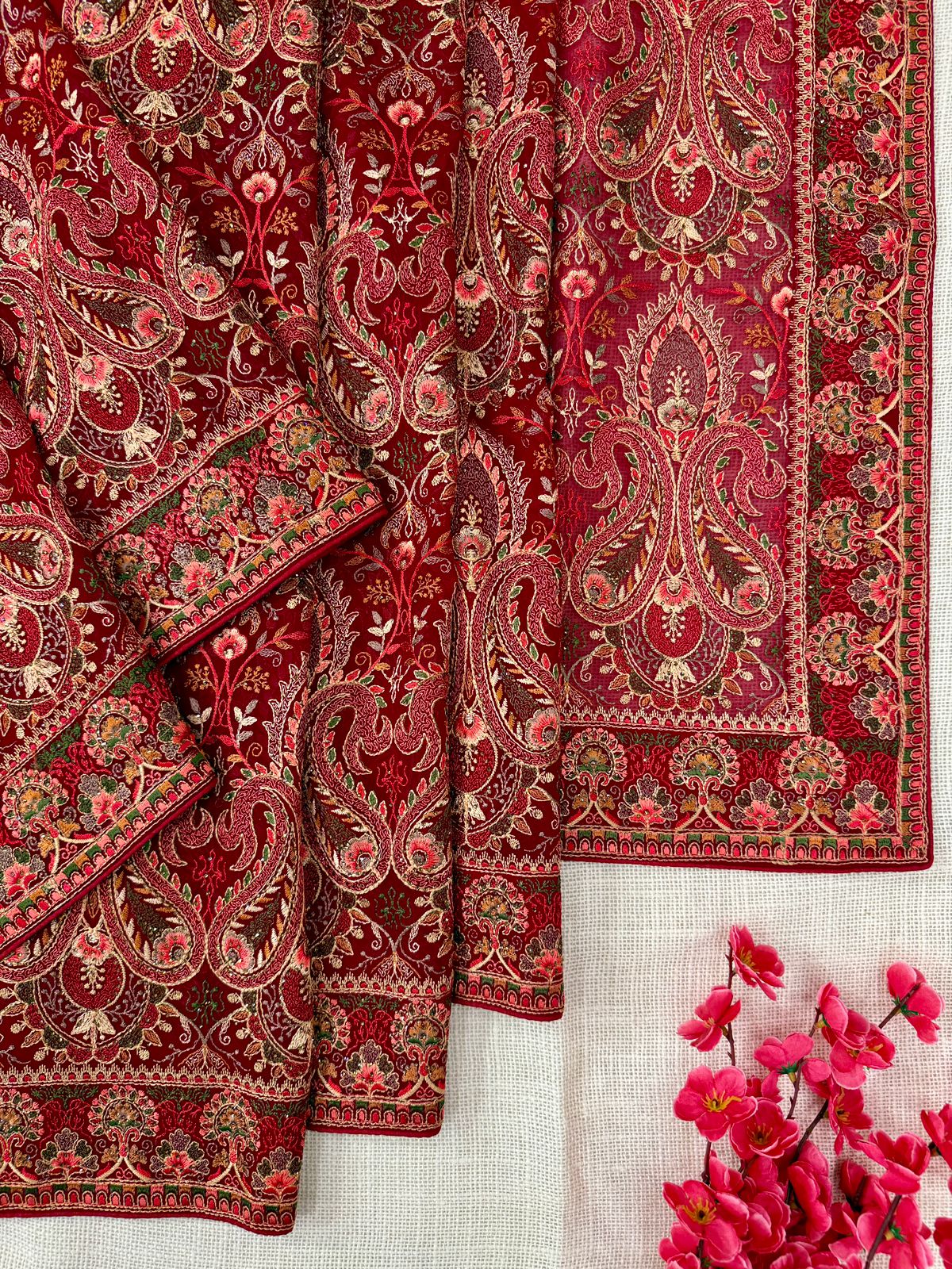 Maroon color georgette Kashmiri embroidery with all over work in usa