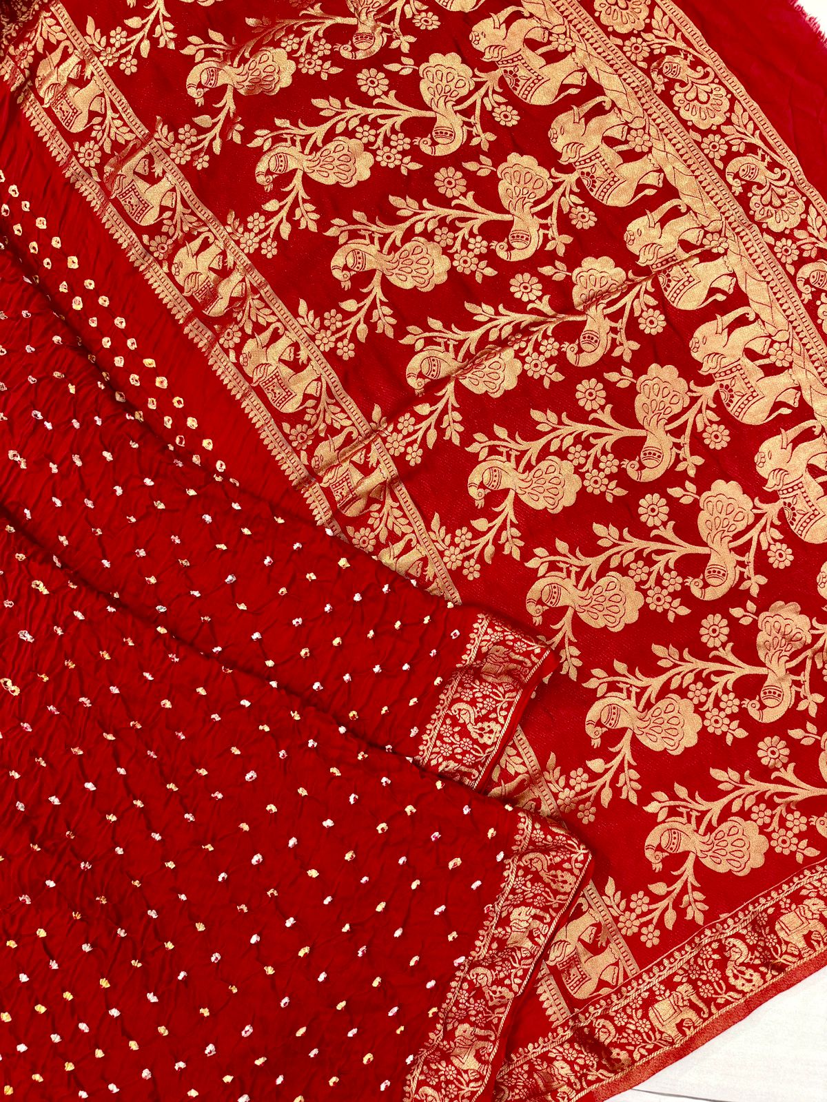 Red Modal crepe Silk bhandhani with zari pallu and border