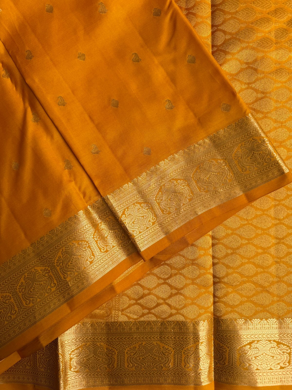 Mustard color pure handloom Kanjeevaram silk saree