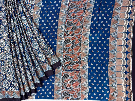 Navy blue ajrakh block print on pure modal crepe