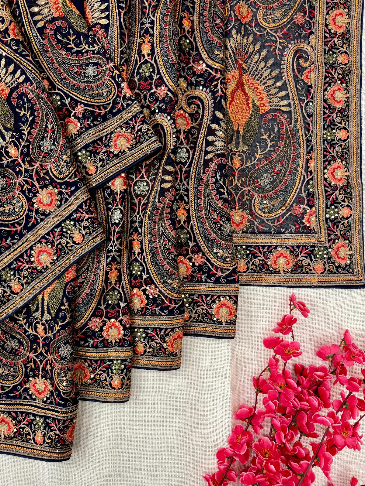 Navy blue color georgette Kashmiri embroidery with all over work in usa