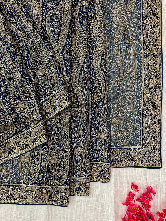 Peacock color georgette single thread Meena embroidery