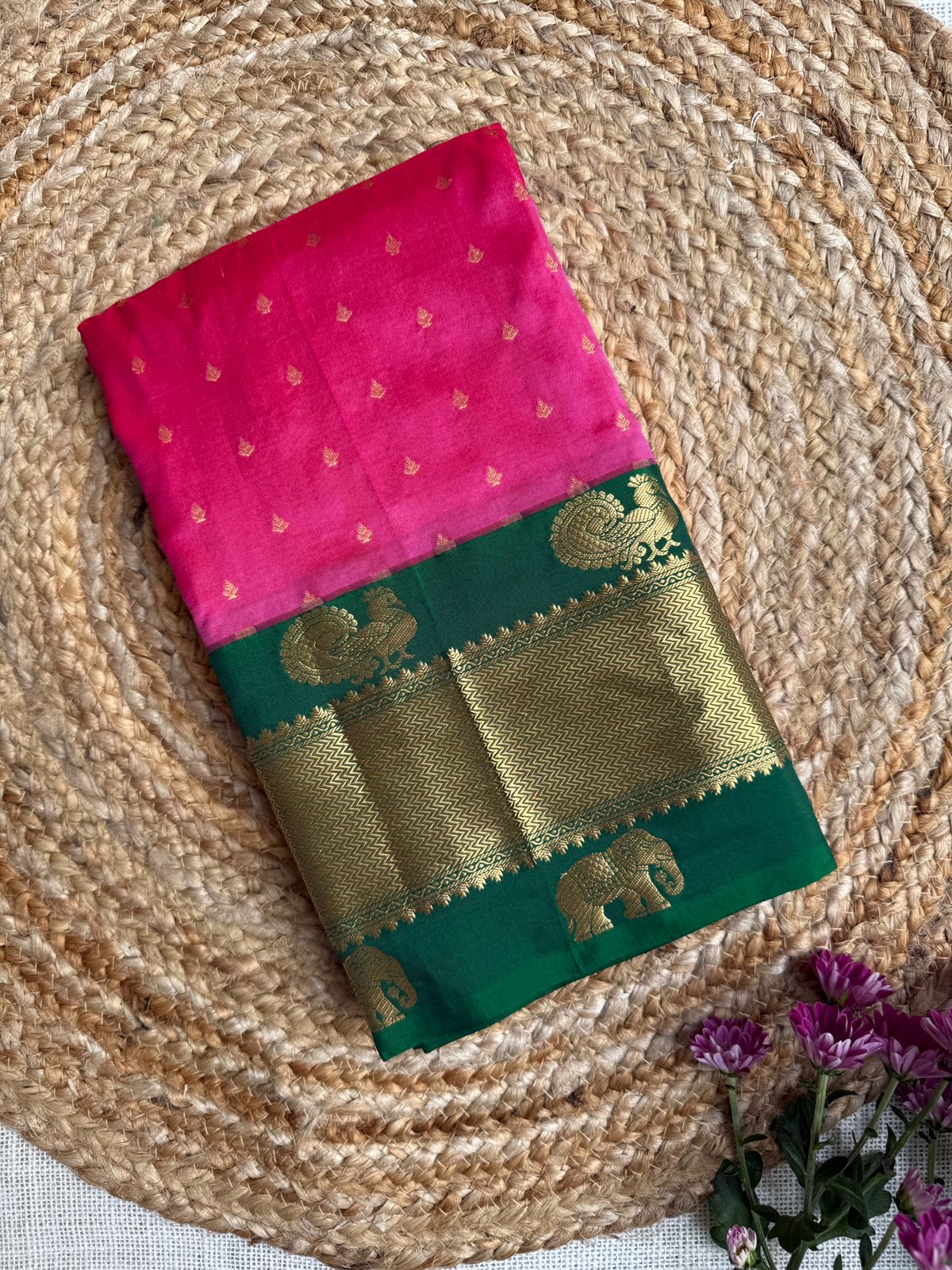 Pink and green peacock design pure Handloom Kanjeevaram silk saree 