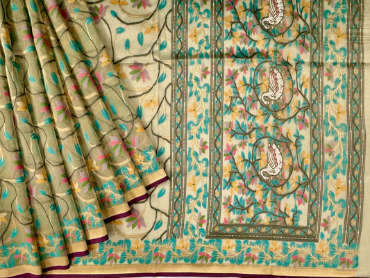 Pista color Pure Benarasi tissue paithani saree with all over weaving