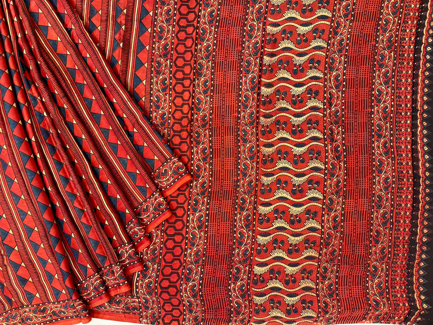 Red and gray ajrakh block print on pure modal crepe