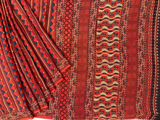Red and gray ajrakh block print on pure modal crepe