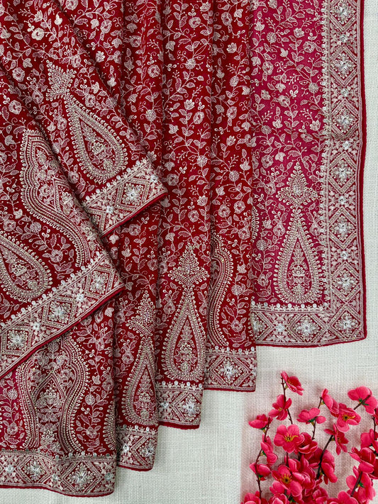 Red color georgette Kashmiri embroidery with all over work in usa