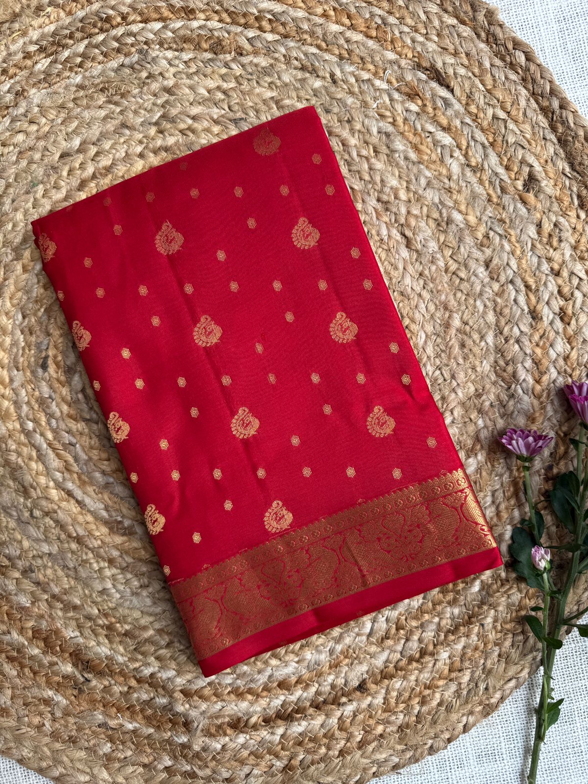 Red color pure handloom kanjeevaram saree with Zari weaving