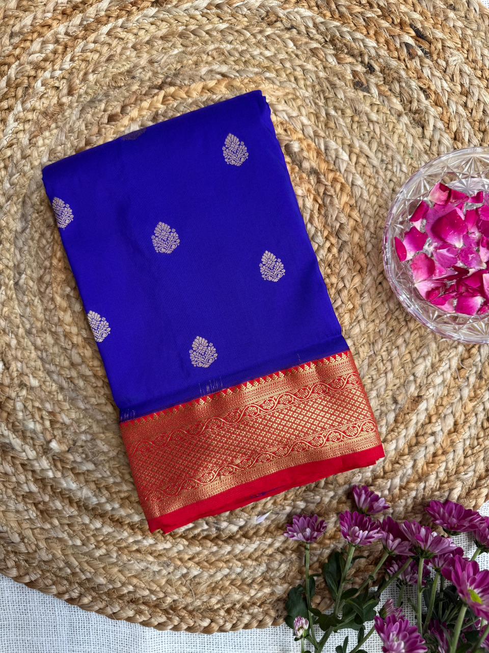 Royal blue and red pure Kanjeevaram handloom silk saree