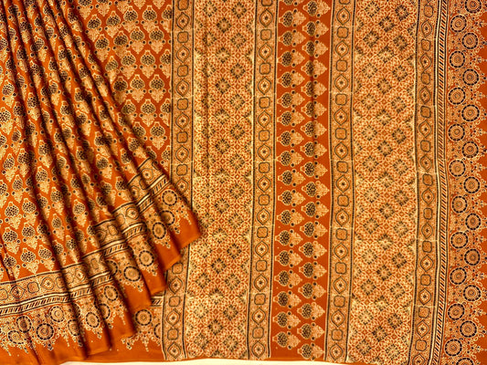 Rust color ajrakh block print on pure modal crepe