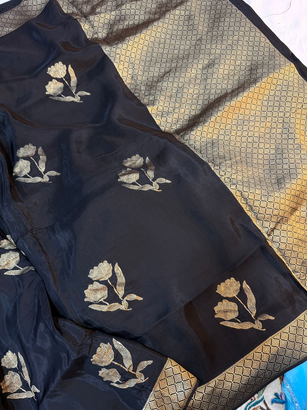 Black Soft Crepe Silk Saree with zari