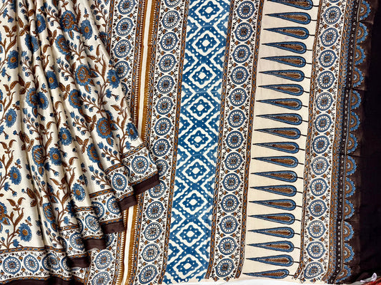 Ivory color pure modal crepe with ajrakh block printing all over