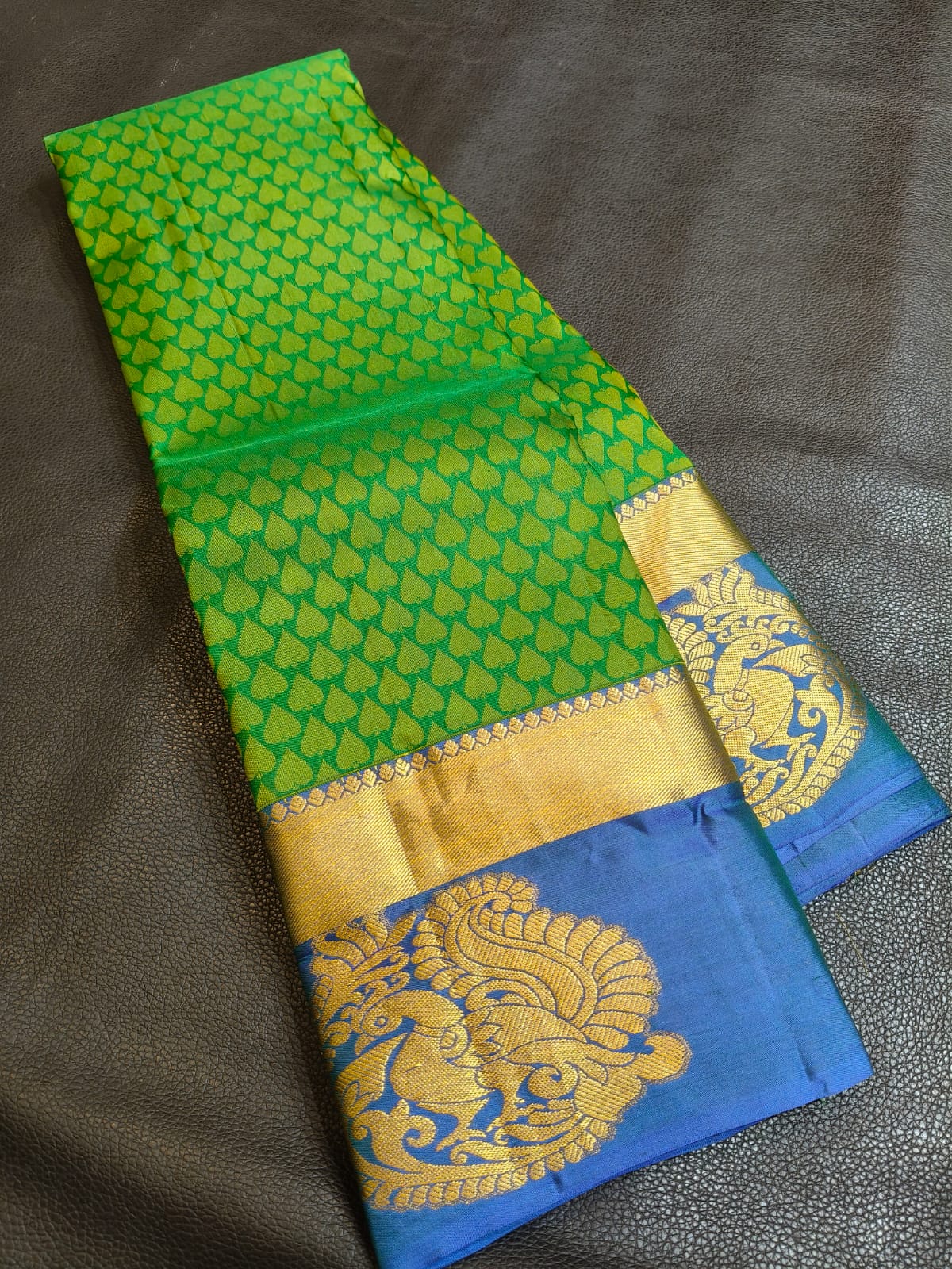 Green With Gold Blue Border Half Kanchi Saree USA
