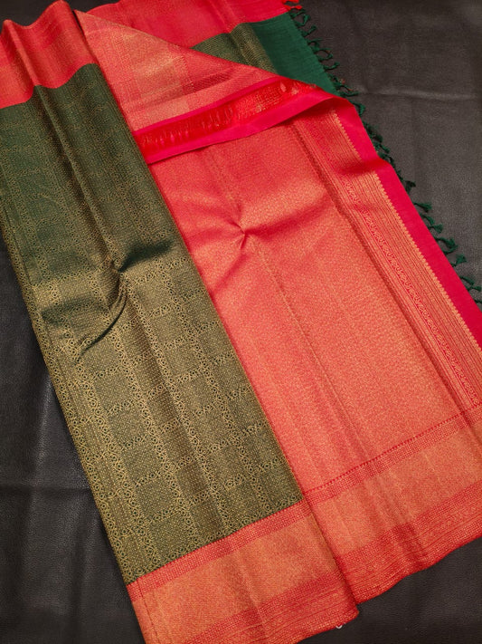 Light Green with red Kanchi Silk Saree