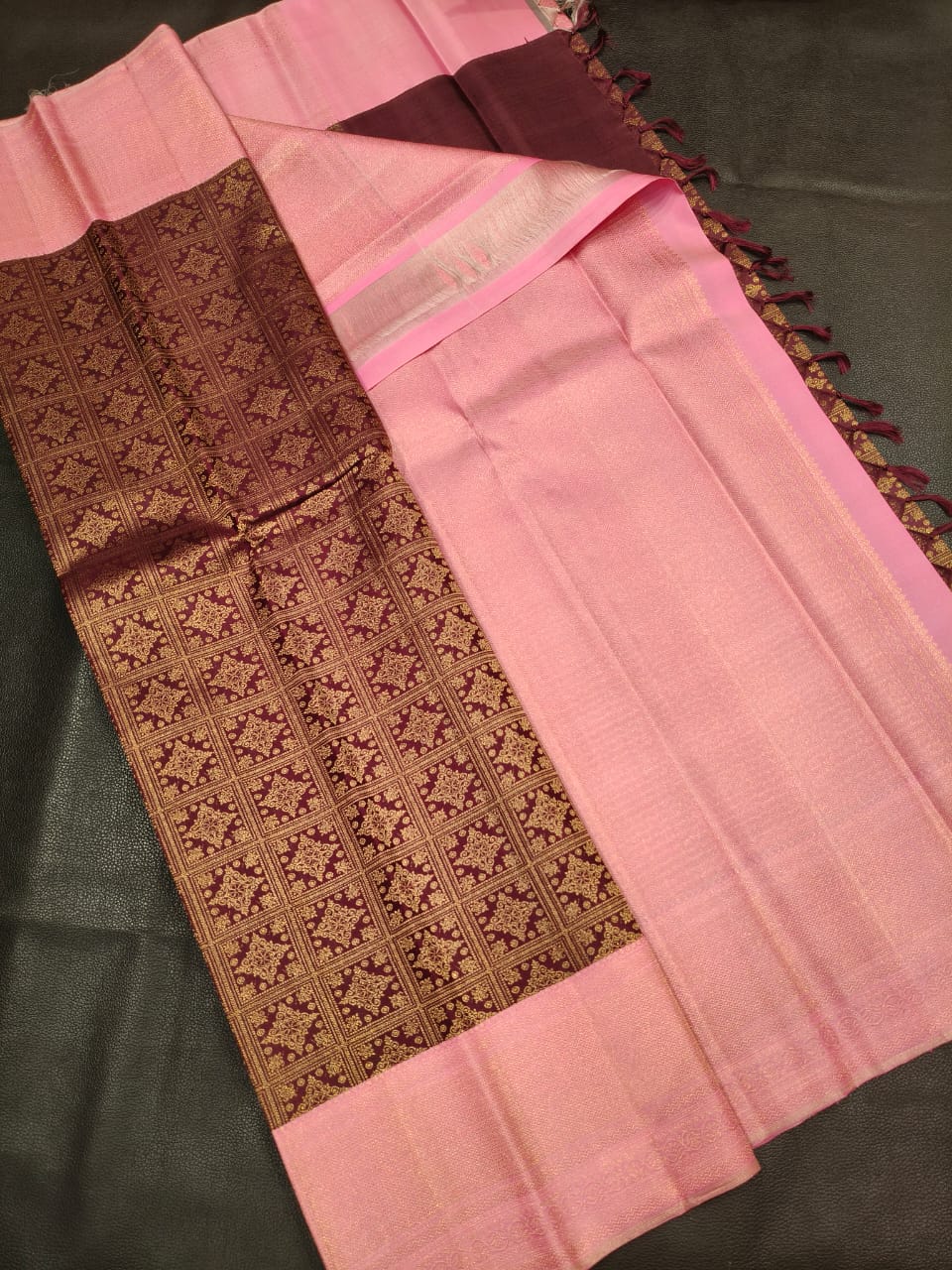 Light Pink and brown Kanchi Silk Saree