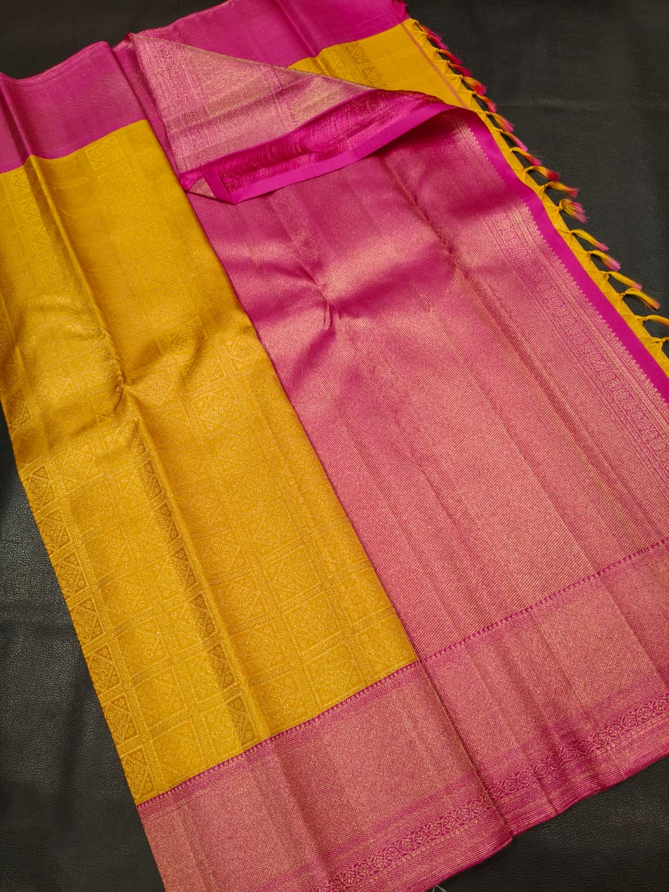 Yellow with pink Kanchi Silk Saree