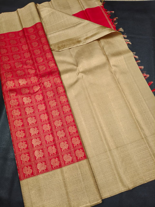 Red with white Kanchi Silk Saree