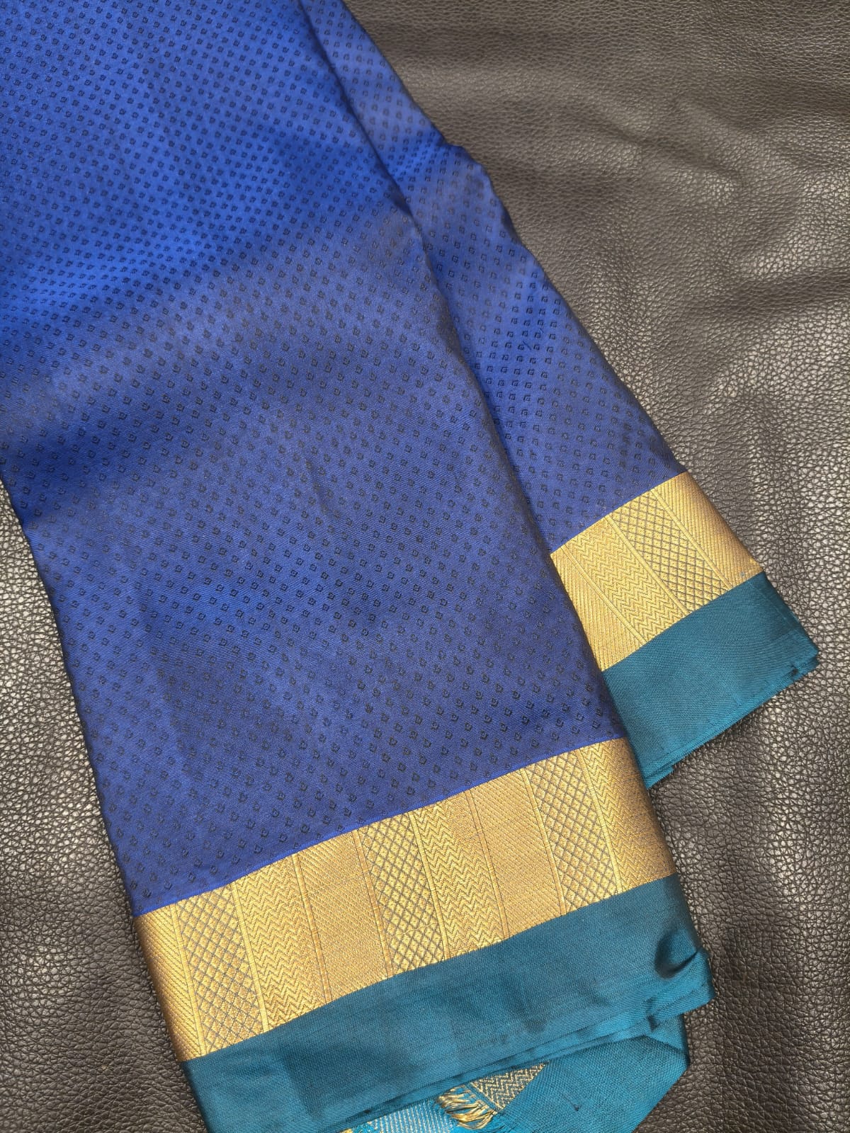 Dark Blue with Green and  Gold Pure Jangala Saree 