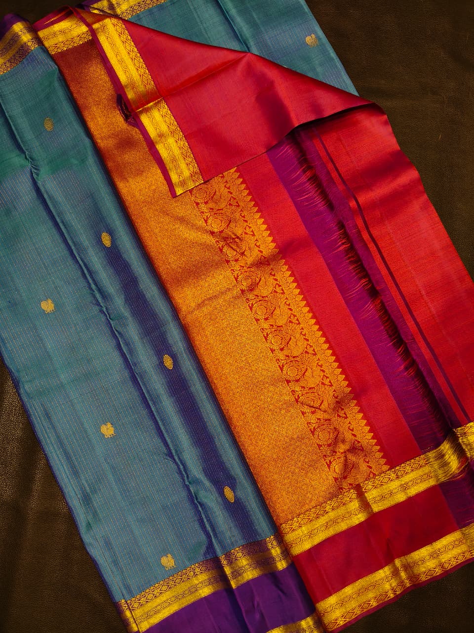 Blue With Red Gold Kanchipuram Saree USA