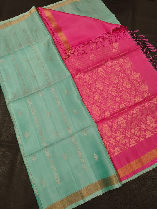 Light Blue with Pink Soft Silk Saree